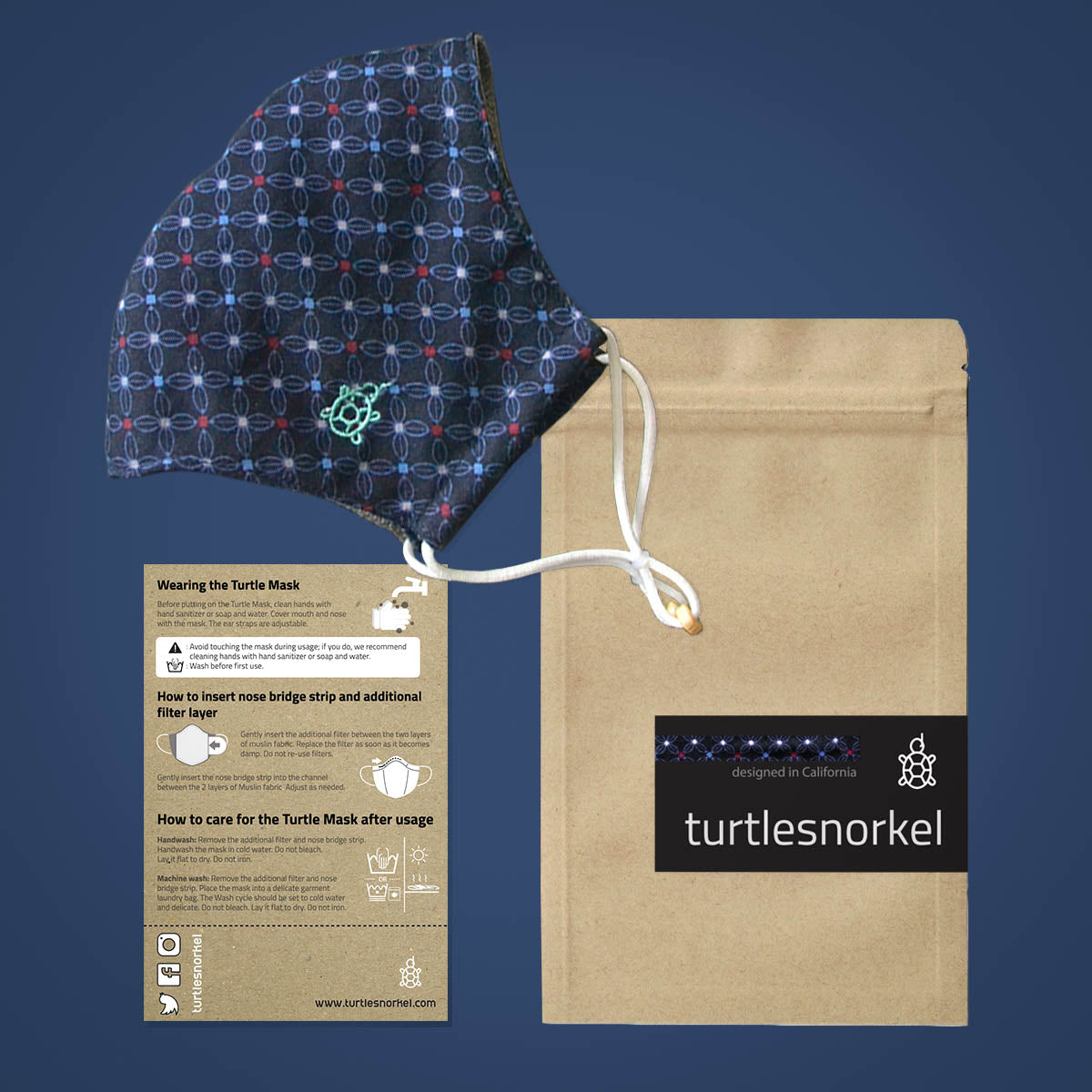 Turtle Mask 2.1 Navy Dots * Filter not included * Nose Bridge Wire Included  The inner layer is constructed with the same lightweight muslin cotton that helps reduce skin irritations and provide breathability. The special inner sleeve pocket houses insertable filters that help reduce symptoms from dust, air pollution, allergies and other airborne contaminants.   The mask's outer layer comes in various styles and patterns, making it fun and fashionable.
